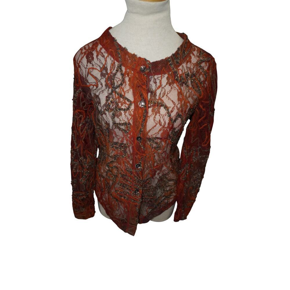 Vintage Sheer Burnt Orange Embroidered Lace Mesh Button-Up Top Boho Whimsy Goth - Picture 3 of 14